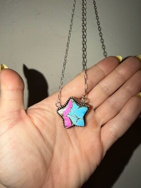 Handmade Star Pendant Necklace with Pink and Turquoise Inlay